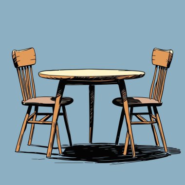 Pürüzsüz çizgiler ve dengeli orantılarla basit, iyi tanımlanmış şekiller içeren temiz ve modern bir tablo ve sandalye vektör çizimi