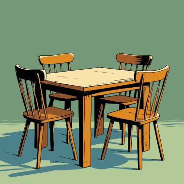 Pürüzsüz çizgiler ve dengeli orantılarla basit, iyi tanımlanmış şekiller içeren temiz ve modern bir tablo ve sandalye vektör çizimi