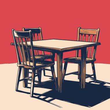 Pürüzsüz çizgiler ve dengeli orantılarla basit, iyi tanımlanmış şekiller içeren temiz ve modern bir tablo ve sandalye vektör çizimi