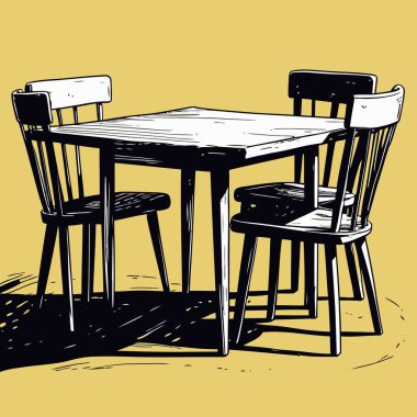 Pürüzsüz çizgiler ve dengeli orantılarla basit, iyi tanımlanmış şekiller içeren temiz ve modern bir tablo ve sandalye vektör çizimi