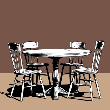 Pürüzsüz çizgiler ve dengeli orantılarla basit, iyi tanımlanmış şekiller içeren temiz ve modern bir tablo ve sandalye vektör çizimi