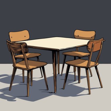 Pürüzsüz çizgiler ve dengeli orantılarla basit, iyi tanımlanmış şekiller içeren temiz ve modern bir tablo ve sandalye vektör çizimi