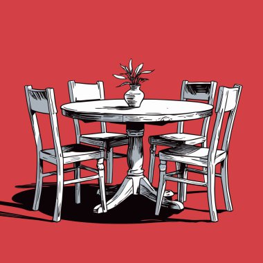 Pürüzsüz çizgiler ve dengeli orantılarla basit, iyi tanımlanmış şekiller içeren temiz ve modern bir tablo ve sandalye vektör çizimi