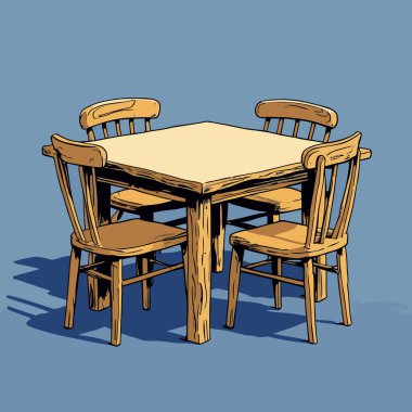 Pürüzsüz çizgiler ve dengeli orantılarla basit, iyi tanımlanmış şekiller içeren temiz ve modern bir tablo ve sandalye vektör çizimi