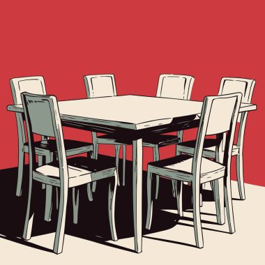 Pürüzsüz çizgiler ve dengeli orantılarla basit, iyi tanımlanmış şekiller içeren temiz ve modern bir tablo ve sandalye vektör çizimi