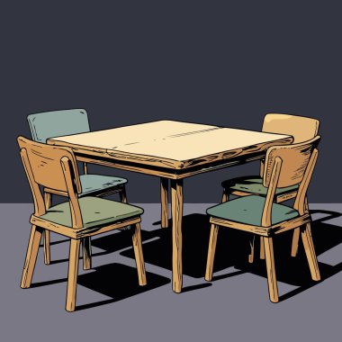 Pürüzsüz çizgiler ve dengeli orantılarla basit, iyi tanımlanmış şekiller içeren temiz ve modern bir tablo ve sandalye vektör çizimi