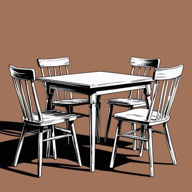 Pürüzsüz çizgiler ve dengeli orantılarla basit, iyi tanımlanmış şekiller içeren temiz ve modern bir tablo ve sandalye vektör çizimi