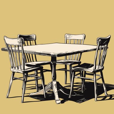 Pürüzsüz çizgiler ve dengeli orantılarla basit, iyi tanımlanmış şekiller içeren temiz ve modern bir tablo ve sandalye vektör çizimi