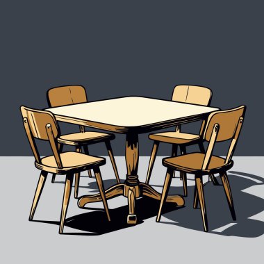 Pürüzsüz çizgiler ve dengeli orantılarla basit, iyi tanımlanmış şekiller içeren temiz ve modern bir tablo ve sandalye vektör çizimi