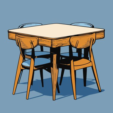 Pürüzsüz çizgiler ve dengeli orantılarla basit, iyi tanımlanmış şekiller içeren temiz ve modern bir tablo ve sandalye vektör çizimi