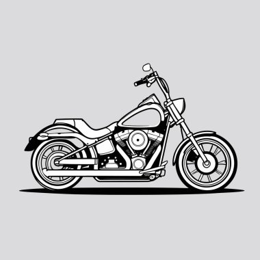 Bir vektör kruvazör motosikleti, düşük askılı, geniş gidonu ve rahat sürüş pozisyonunu vurgulayan rahat bir koltuğu olan, temiz ve şık bir grafik tasarımı ile gösterilmiştir.