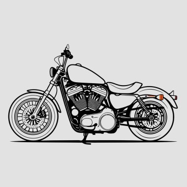 Bir vektör kruvazör motosikleti, düşük askılı, geniş gidonu ve rahat sürüş pozisyonunu vurgulayan rahat bir koltuğu olan, temiz ve şık bir grafik tasarımı ile gösterilmiştir.