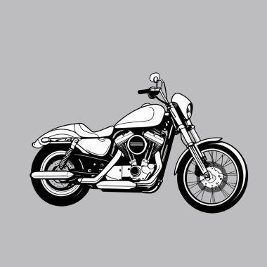 Bir vektör kruvazör motosikleti, düşük askılı, geniş gidonu ve rahat sürüş pozisyonunu vurgulayan rahat bir koltuğu olan, temiz ve şık bir grafik tasarımı ile gösterilmiştir.