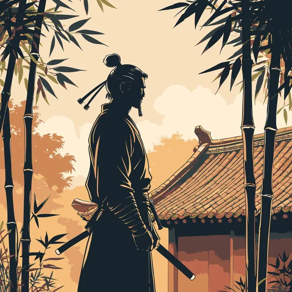 Bir Samuray Siluet Vektörü, cesur ve minimalist bir şekilde katı şekiller ve temiz kenarlar kullanan bir samurayın ikonik figürünü resmeder.