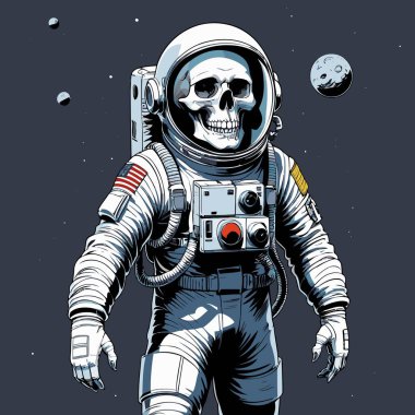 Cesur ve yaratıcı bir mizah tarzıyla tasvir edilmiş astronot kıyafeti giyen bir kafatasının vektör çizimi.
