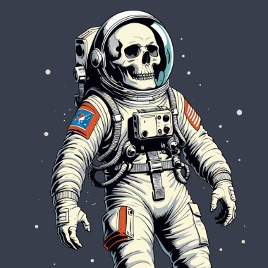 Cesur ve yaratıcı bir mizah tarzıyla tasvir edilmiş astronot kıyafeti giyen bir kafatasının vektör çizimi.