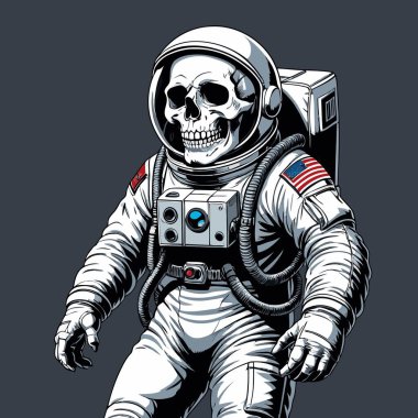 Cesur ve yaratıcı bir mizah tarzıyla tasvir edilmiş astronot kıyafeti giyen bir kafatasının vektör çizimi.