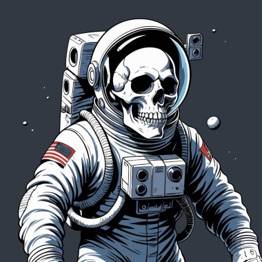 Cesur ve yaratıcı bir mizah tarzıyla tasvir edilmiş astronot kıyafeti giyen bir kafatasının vektör çizimi.