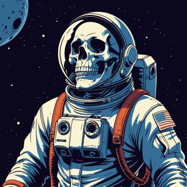 Cesur ve yaratıcı bir mizah tarzıyla tasvir edilmiş astronot kıyafeti giyen bir kafatasının vektör çizimi.