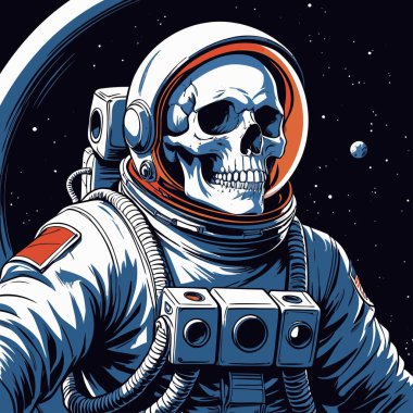 Cesur ve yaratıcı bir mizah tarzıyla tasvir edilmiş astronot kıyafeti giyen bir kafatasının vektör çizimi.