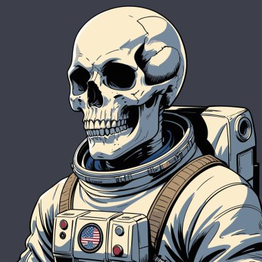 Cesur ve yaratıcı bir mizah tarzıyla tasvir edilmiş astronot kıyafeti giyen bir kafatasının vektör çizimi.