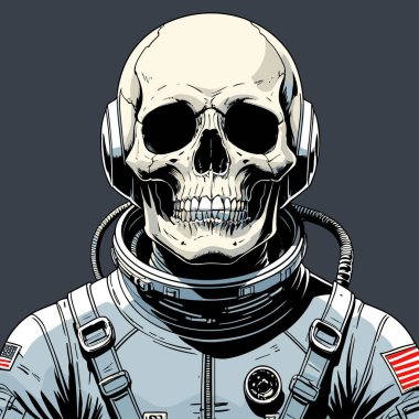 Cesur ve yaratıcı bir mizah tarzıyla tasvir edilmiş astronot kıyafeti giyen bir kafatasının vektör çizimi.