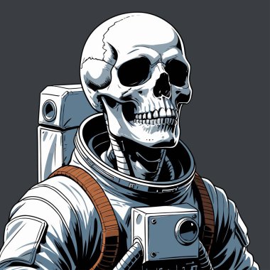 Cesur ve yaratıcı bir mizah tarzıyla tasvir edilmiş astronot kıyafeti giyen bir kafatasının vektör çizimi.