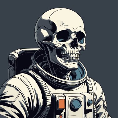 Cesur ve yaratıcı bir mizah tarzıyla tasvir edilmiş astronot kıyafeti giyen bir kafatasının vektör çizimi.