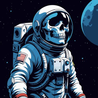 Cesur ve yaratıcı bir mizah tarzıyla tasvir edilmiş astronot kıyafeti giyen bir kafatasının vektör çizimi.