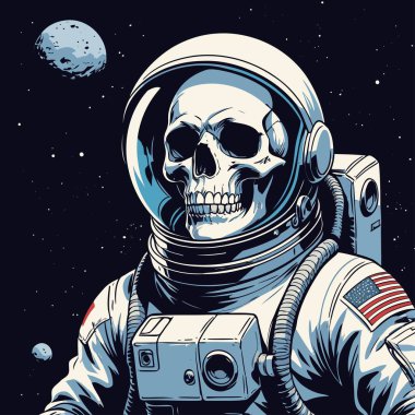 Cesur ve yaratıcı bir mizah tarzıyla tasvir edilmiş astronot kıyafeti giyen bir kafatasının vektör çizimi.