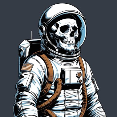 Cesur ve yaratıcı bir mizah tarzıyla tasvir edilmiş astronot kıyafeti giyen bir kafatasının vektör çizimi.