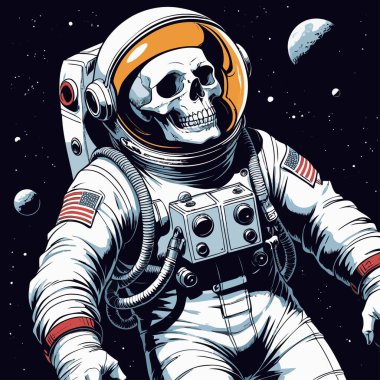 Cesur ve yaratıcı bir mizah tarzıyla tasvir edilmiş astronot kıyafeti giyen bir kafatasının vektör çizimi.