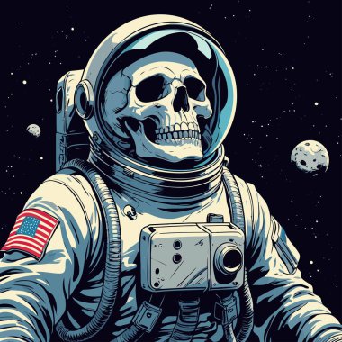 Cesur ve yaratıcı bir mizah tarzıyla tasvir edilmiş astronot kıyafeti giyen bir kafatasının vektör çizimi.