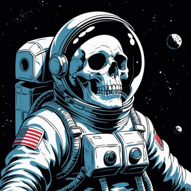 Cesur ve yaratıcı bir mizah tarzıyla tasvir edilmiş astronot kıyafeti giyen bir kafatasının vektör çizimi.