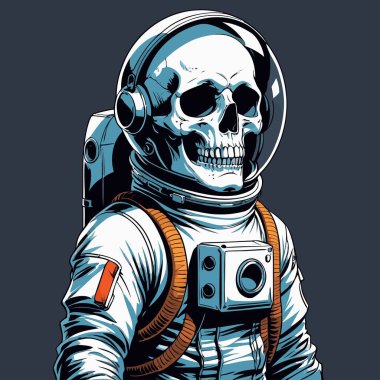 Cesur ve yaratıcı bir mizah tarzıyla tasvir edilmiş astronot kıyafeti giyen bir kafatasının vektör çizimi.