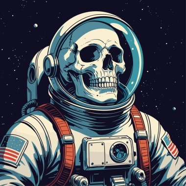 Cesur ve yaratıcı bir mizah tarzıyla tasvir edilmiş astronot kıyafeti giyen bir kafatasının vektör çizimi.