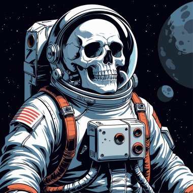 Cesur ve yaratıcı bir mizah tarzıyla tasvir edilmiş astronot kıyafeti giyen bir kafatasının vektör çizimi.