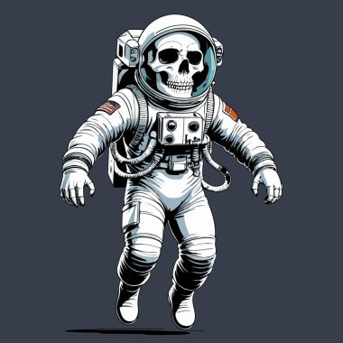 Cesur ve yaratıcı bir mizah tarzıyla tasvir edilmiş astronot kıyafeti giyen bir kafatasının vektör çizimi.