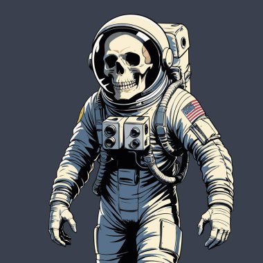 Cesur ve yaratıcı bir mizah tarzıyla tasvir edilmiş astronot kıyafeti giyen bir kafatasının vektör çizimi.