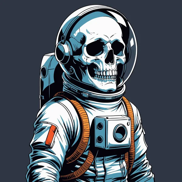 Cesur ve yaratıcı bir mizah tarzıyla tasvir edilmiş astronot kıyafeti giyen bir kafatasının vektör çizimi.