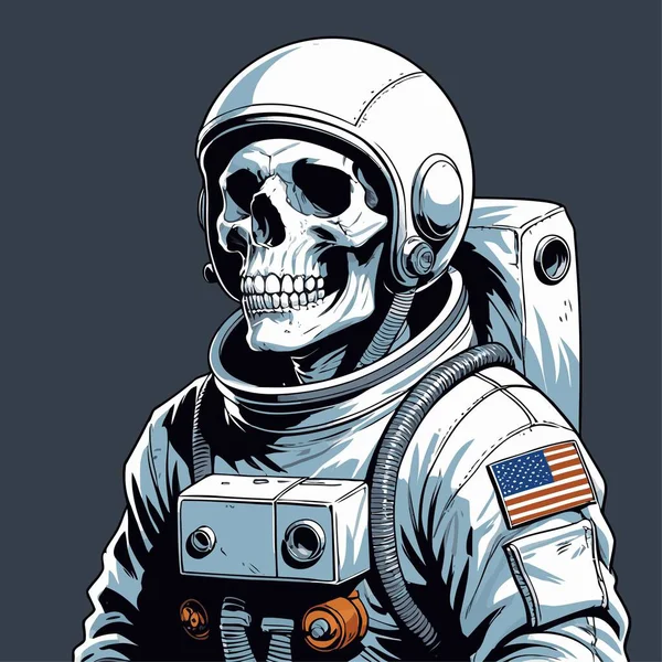 Cesur ve yaratıcı bir mizah tarzıyla tasvir edilmiş astronot kıyafeti giyen bir kafatasının vektör çizimi.