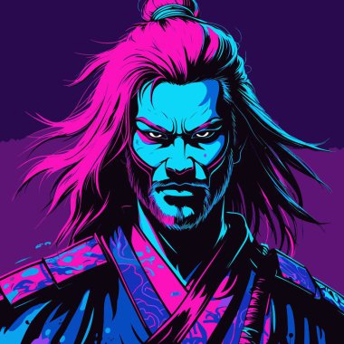 Çizgi roman tarzında bir vektör samuray cesur hatları, keskin açıları ve dramatik boyutlarıyla resmedilmiş güçlü ve kahraman bir savaşçı tasvir eder.