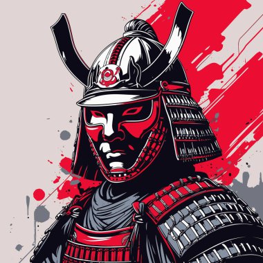 Çizgi roman tarzında bir vektör samuray cesur hatları, keskin açıları ve dramatik boyutlarıyla resmedilmiş güçlü ve kahraman bir savaşçı tasvir eder.