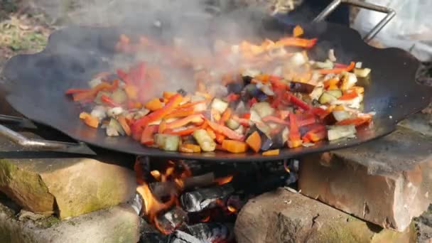 Gefrituurde Groenten Koken Een Grote Koekenpan Boven Een Open Vuur — Stockvideo