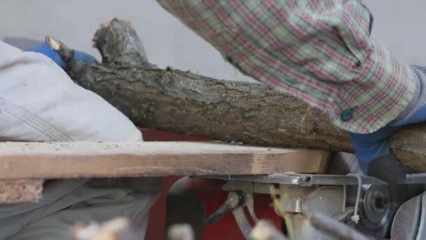 Ręce Mężczyzny Rękawiczkach Cięcia Drewna Opał Praca Gospodarstwach Domowych Zewnątrz — Wideo stockowe