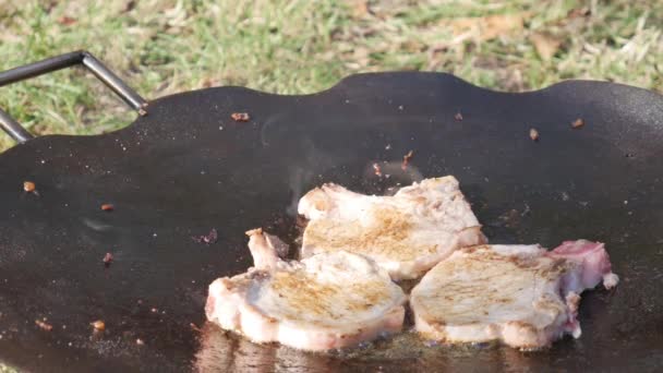 Νωπό Κρέας Παρασκευασμένο Γκριλ Στην Αυλή — Αρχείο Βίντεο