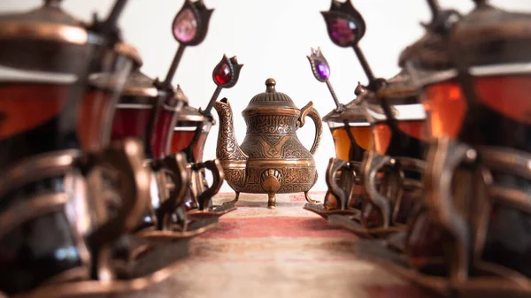 Turkish Traditional Teacups Spoons Teapot — Stockfoto