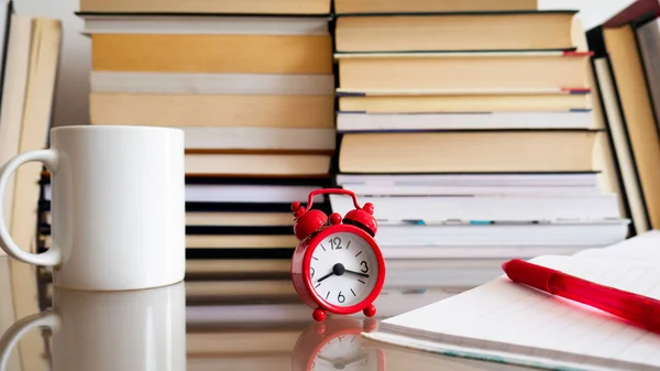 Table Full Notebooks Clock Cup Coffee Student Desk Time Exam — Stock Photo, Image