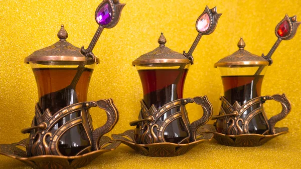Turkish Cups Tea Spoons Gold Background Stok Gambar