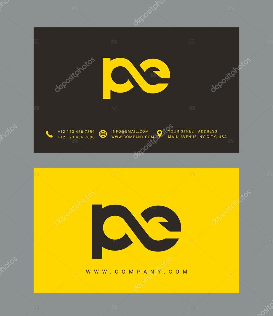 P & E Letter Logo, with Business Card Template Vector, Black & Yellow color